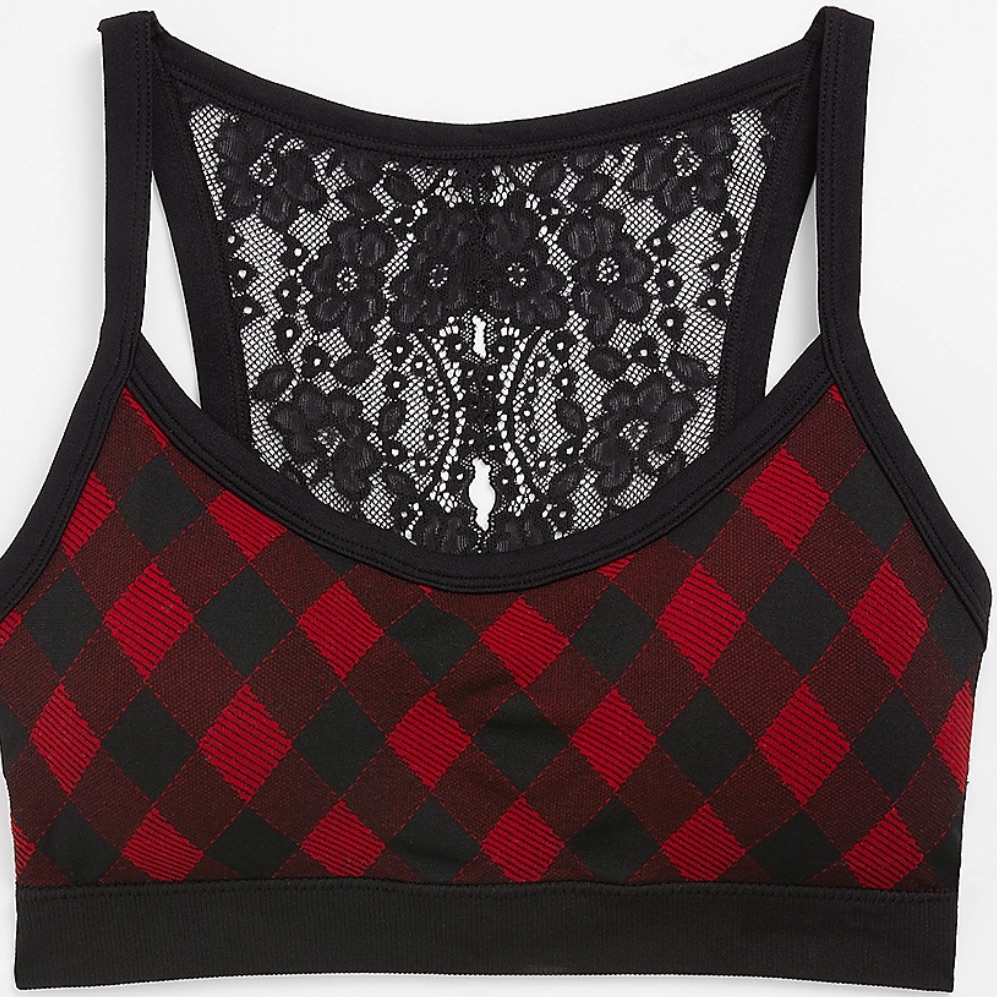 Maurices 3x Soft Stretch Buffalo Plaid Open Lace Seamless Bralette